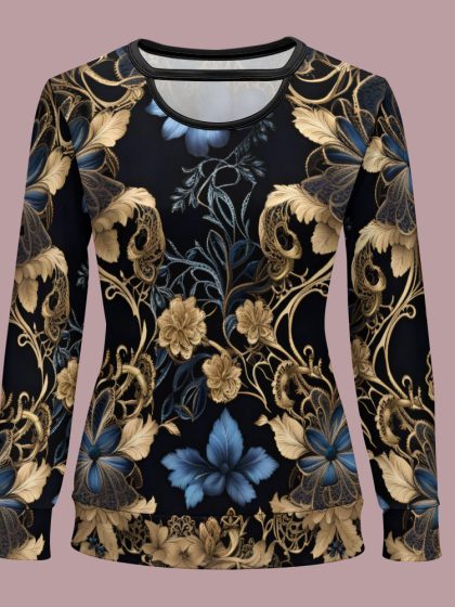 Honeyland Double Neck Cutout Long Sleeve Relaxed Fit Top Giant Gold & Black Floral — FREE SHIPPING!