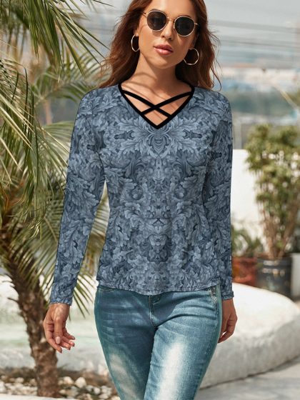 Honeyland Crisscrossed V-Neck Long Sleeve Shirt in Blue Thicket Print — FREE SHIPPING!